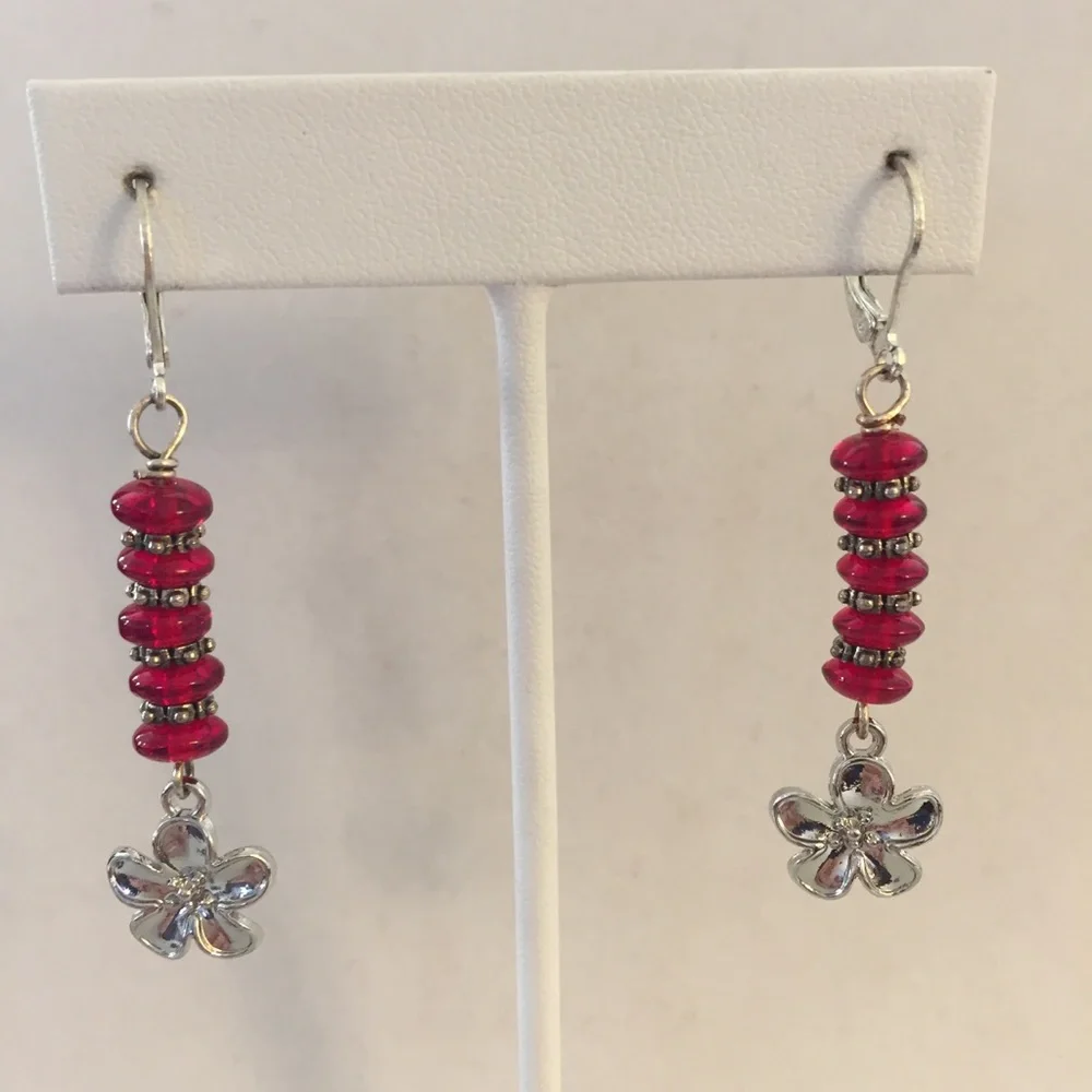 HAND CRAFTED Earrings Red Glass Silver Plated Flowers